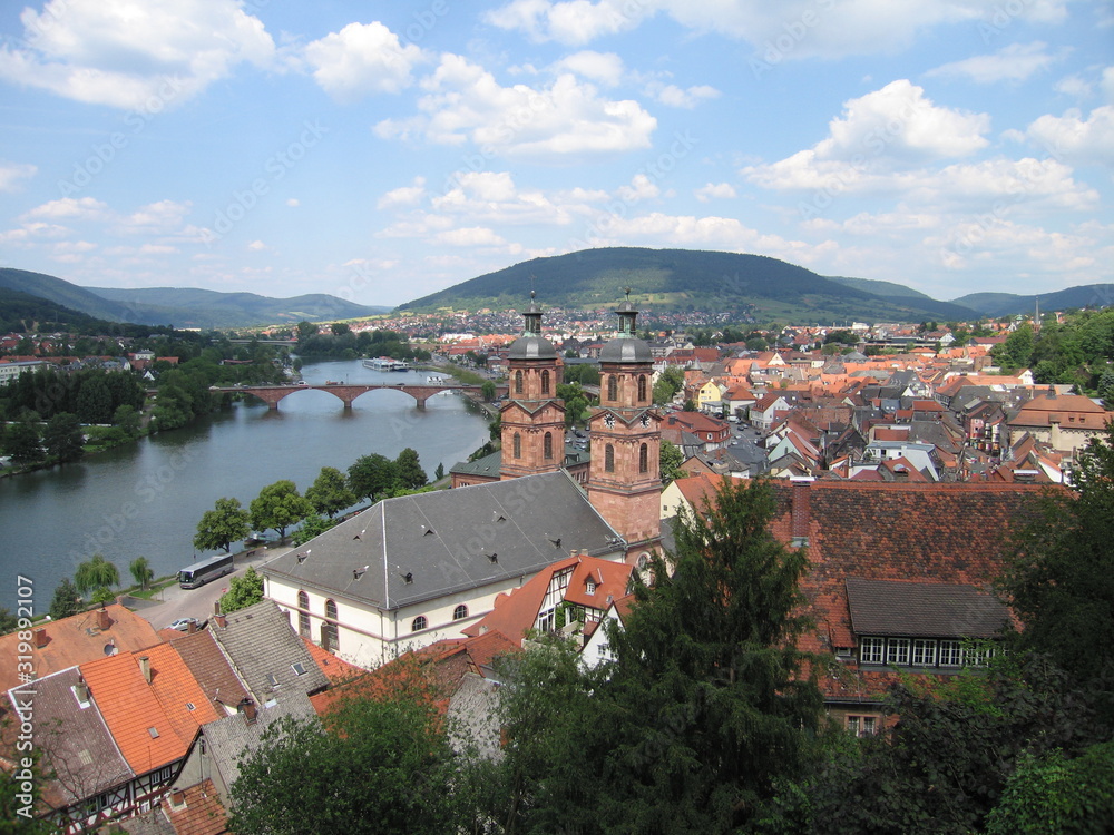 Blick von der Mildenburg auf Miltenberg, Main und Kirche St. Jakobus 