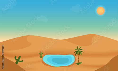 Desert landscape. Oasis in hill sand and sun hot.