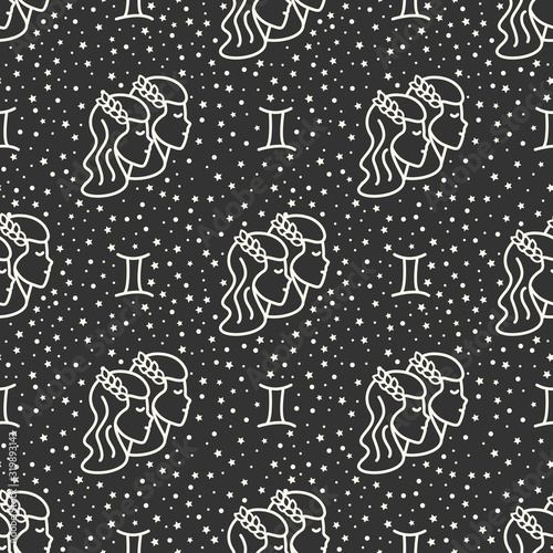 Seamless pattern with zodiac signs on the starry sky, black and white. Gemini.