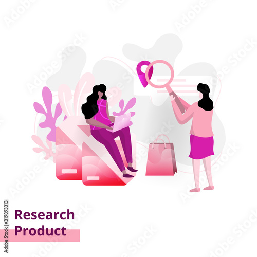 Landing Product Research page, the concept of women in discussion, can be used for landing pages, web, UI, banners, templates, backgrounds, flayer, posters.
