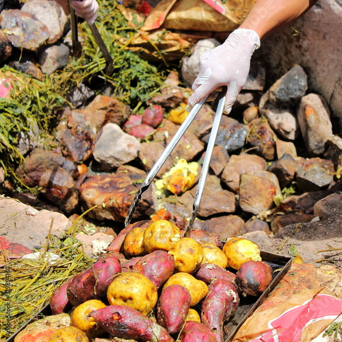 Traditional Peruvian cooking method, called Pachamanca