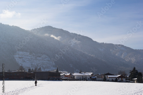 Clear winter day in alpine village