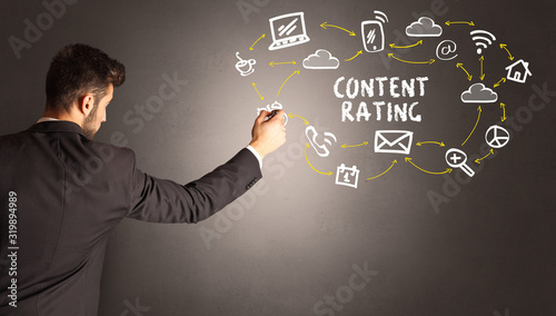 businessman drawing social media icons with CONTENT RATING inscription, new media concept