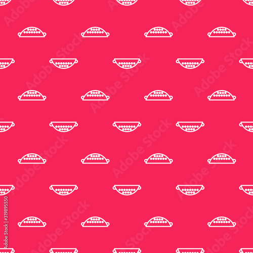 White line Kitchen colander icon isolated seamless pattern on red background. Cooking utensil. Cutlery sign. Vector Illustration