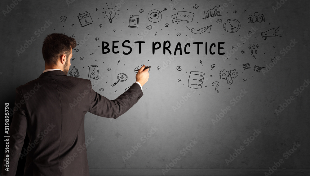 businessman drawing a creative idea sketch with BEST PRACTICE inscription, business strategy concept businessman drawing a creative idea sketch with BEST PRACTICE inscription, business strategy concept