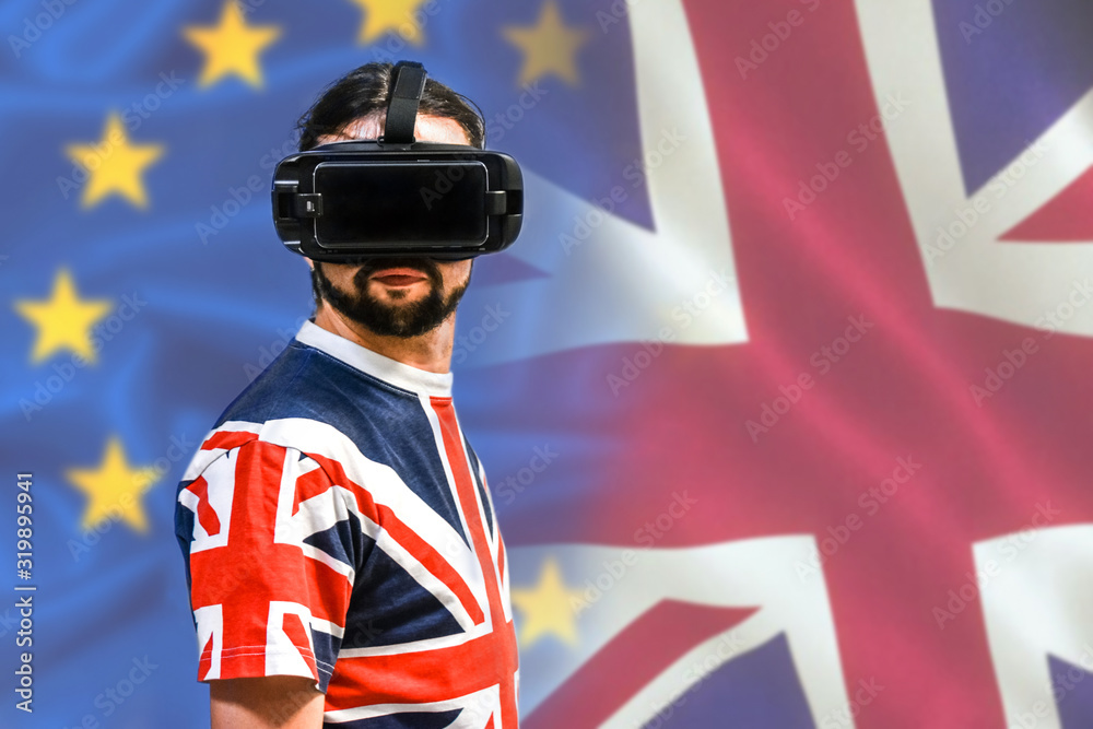 Obraz premium BREXIT conceptual image - Man with 4K Glasses watching United Kingdom exit from the European Union