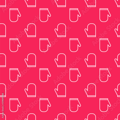 White line Oven glove icon isolated seamless pattern on red background. Kitchen potholder sign. Cooking glove. Vector Illustration