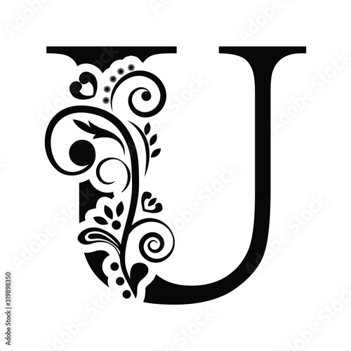 letter U. Vintage black flower ornament initial letters.  Alphabet. Logo vector 