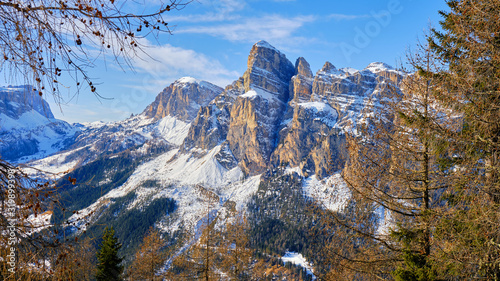 Sassongher peak in Puez-Geisler Nature Park - Winter view from the Sellaronda ski tour in Dolomites, South Tyrol, Italy. photo