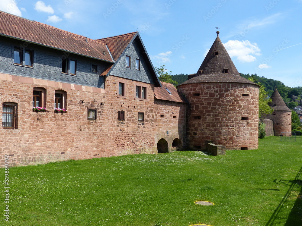 Historische Stadtmauer mit Turm und Wallgraben in Büdingen / Wetterau