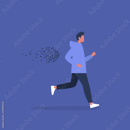 Young male character running away from a bee swarm