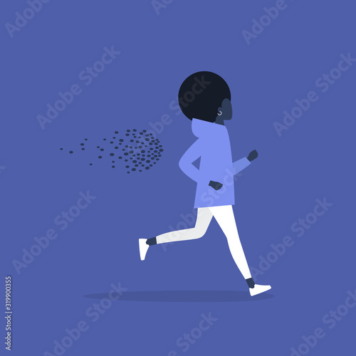 Young black female character running away from a bee swarm