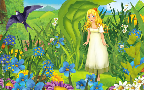 cartoon scene with young beautiful tiny girl in the forest with a wild bird - illustration