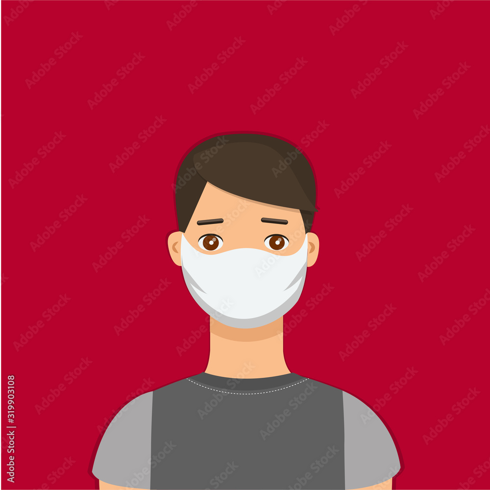 Coronavirus disease control and prevention. Boy or man wearing face protective mask. Medical illustration concept. 2019-nCoV. Protection of air pollution. 