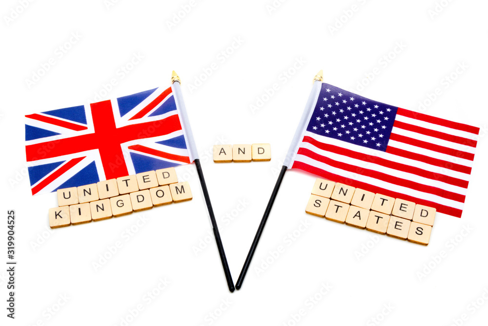 The flags of the United Kingdom and the United States isolated on a white background with a sign reading United Kingdom And United States The flags of the United Kingdom and the United States isolated on a white background with a sign reading United Kingdom And United States