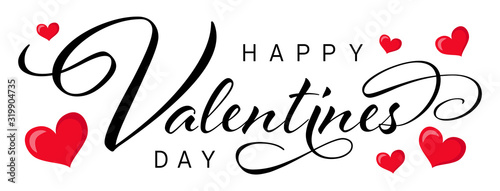 Happy valentines day font typography lettering with red hearts isolated vector label