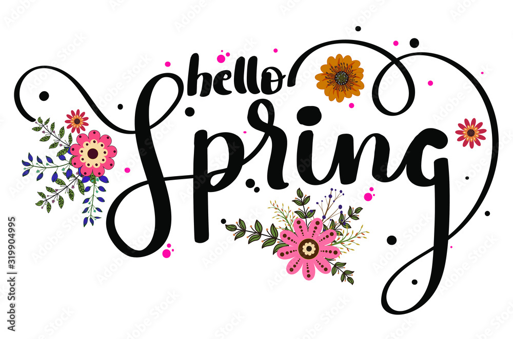 Obraz premium Hello Spring with flowers and leaves. Decoration for celebration spring. Illustration flowers