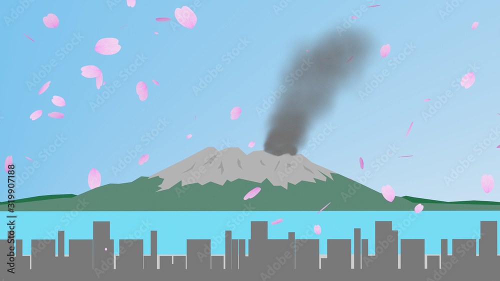 桜島と桜の花びらのイラスト素材 Stock Illustration Adobe Stock
