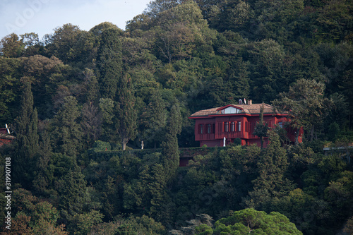The wooden mansion located among the trees in the Bosphorus. Sun day. photo