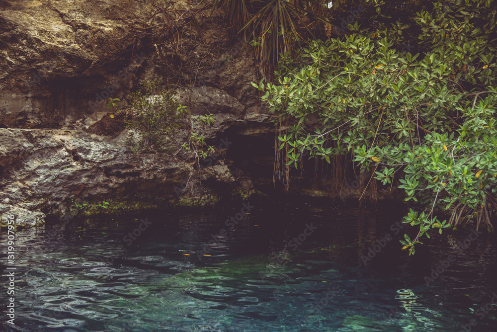 Cenote Cristalino, in Mexico one of the most beautiful in the region and very famous not only for its beauty, the color of its waters and vegetation, but for its proximity to Playa del Carmen