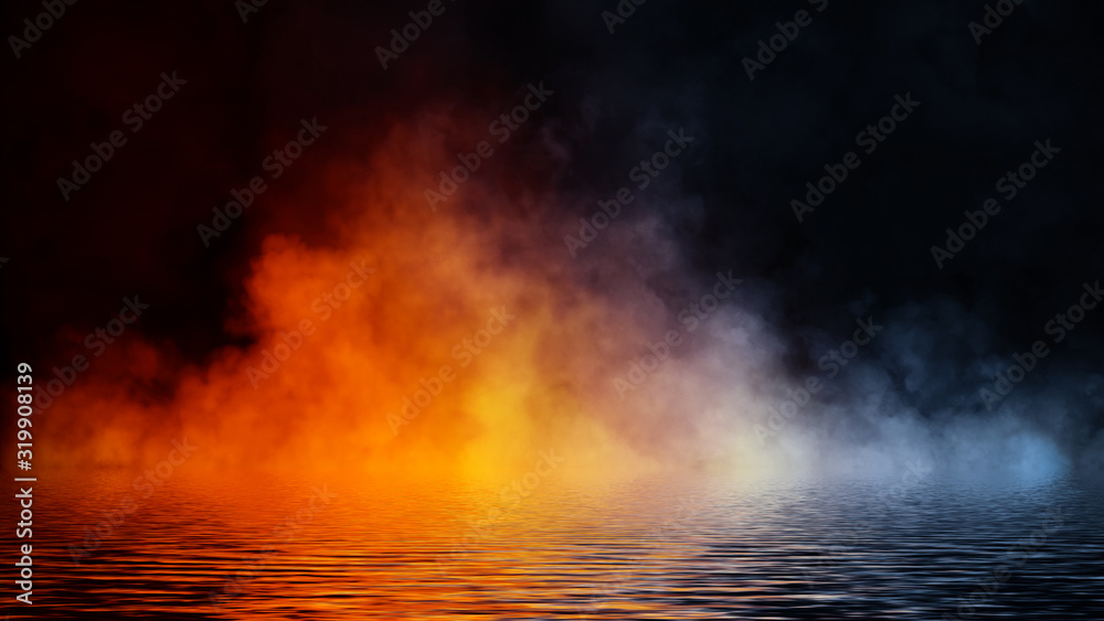 Paranormal mystic blue and orange smoke on the floor. Fog isolated on black background. Stock illustration.