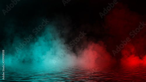 Paranormal mystic blue and red smok on the floor. Fog isolated on black background. Stock illustration.