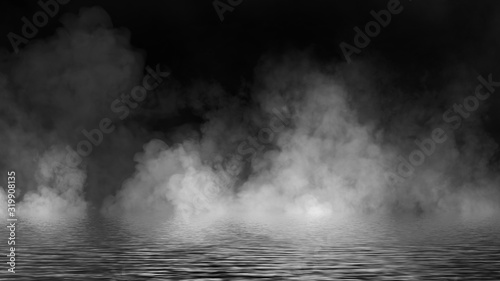 Explosion fog on isolated black background. Experiment chemistry smoke . The concept of aromatherapy. Stock illustration.