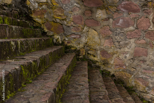 wet and mossy stairs, walls texture from Otomi ceremonial center in Mexico