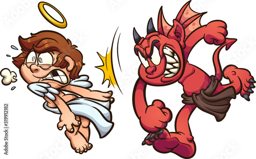 Devil punching angel in the face. Vector cartoon clip art illustration with simple gradients. Each on a separate layer.