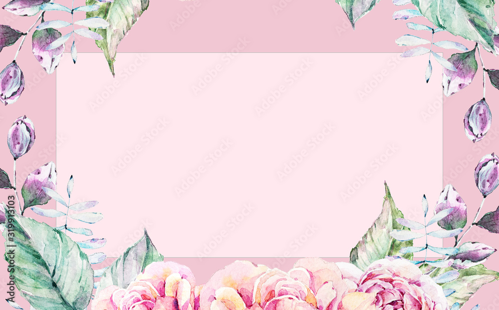 Botanical wedding invitation card template design, graphic hand painted magnolia flower and leaves on pink background, vintage style. Wedding invitation templates. Banners decoration, romantic objects