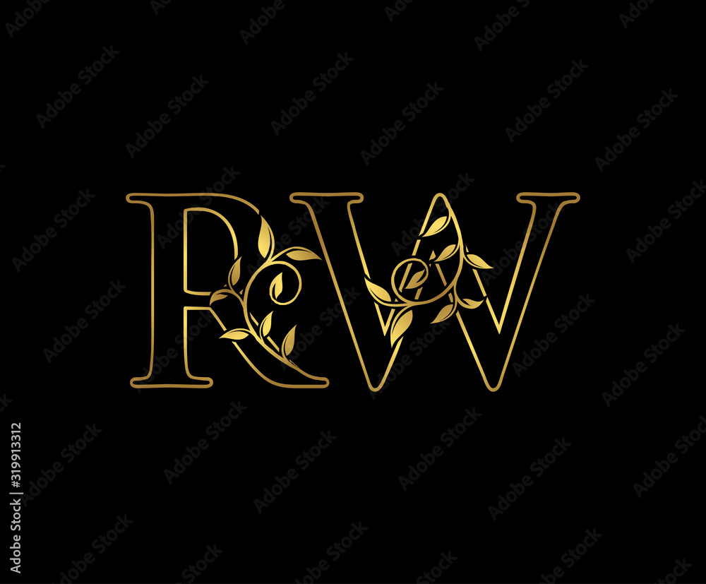 Luxury Gold R, W and RW Letter Classy Floral Logo Icon, Elegant Design. Luxury Gold R, W and RW Letter Classy Floral Logo Icon, Elegant Design.