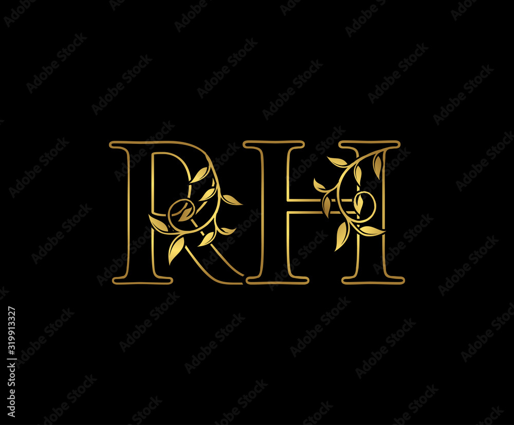 Luxury Gold R, H and RH Letter Classy Floral Logo Icon, Elegant Design. Luxury Gold R, H and RH Letter Classy Floral Logo Icon, Elegant Design.