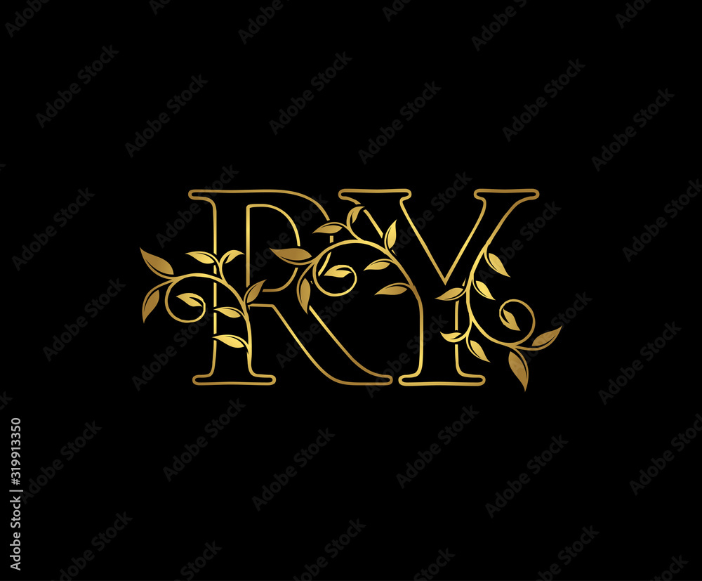 Luxury Gold R, Y and RY Letter Classy Floral Logo Icon, Elegant Design. Luxury Gold R, Y and RY Letter Classy Floral Logo Icon, Elegant Design.