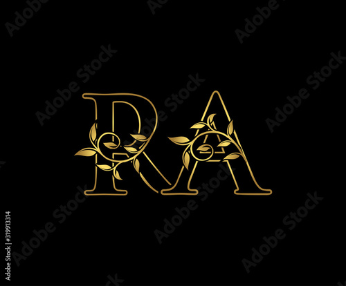 Luxury Gold R, A and RA Letter Classy Floral Logo Icon, Elegant Design.