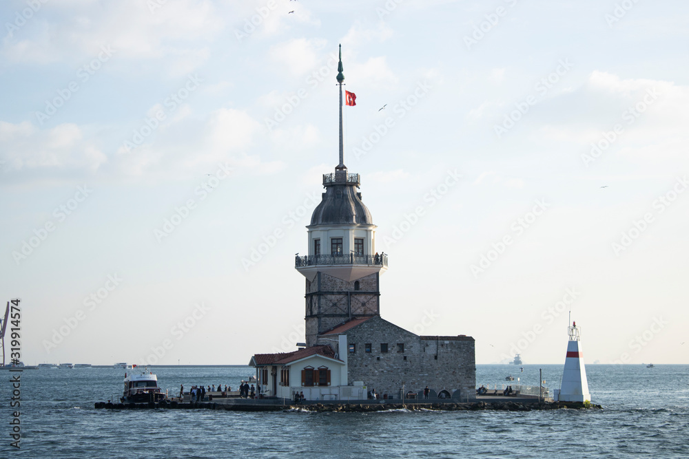The Maiden's Tower is photographed closely. Photographed on the ferry.
