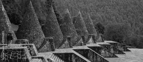 Temoaya, Mexico State, Toluca / Mexico -Sep 08 2018 Black and white wide angle view of the Otomi ceremonial center photo