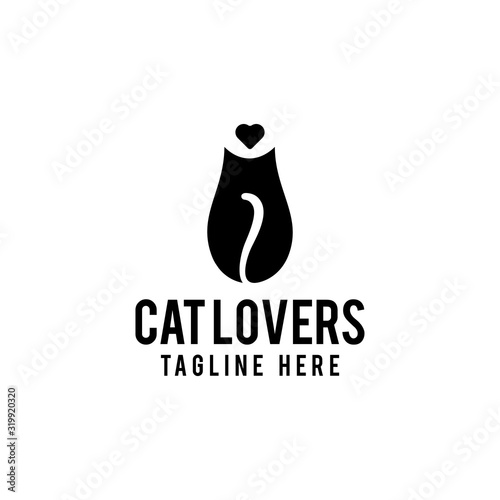 Cat lovers logo design. Cat and heart love vector illustration for pet company graphic template