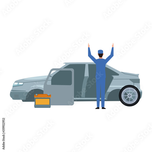 Car mechanic standing and car body and battery, colorful design