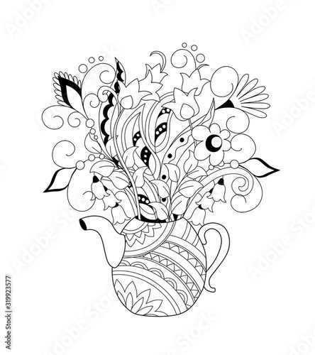 doodle floral bouquet in the ornamental teapot