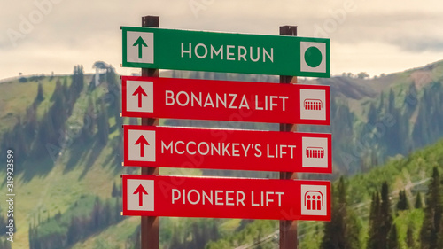 Panorama Ski lifts and hiking trails signs view in Park City Utah resort at off season