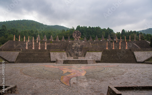 Otomi Ceremonial center, Temoaya, Mexico State,Toluca / Mexico -Sep 08 2018 cones structures representing a generation of Otomis, and on each is a sculpture of Tata Jiade, the Sun photo