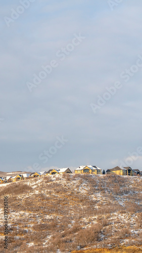 Vertical frame Houses on neighborhood nestled on top of snowy hills viewed in winter