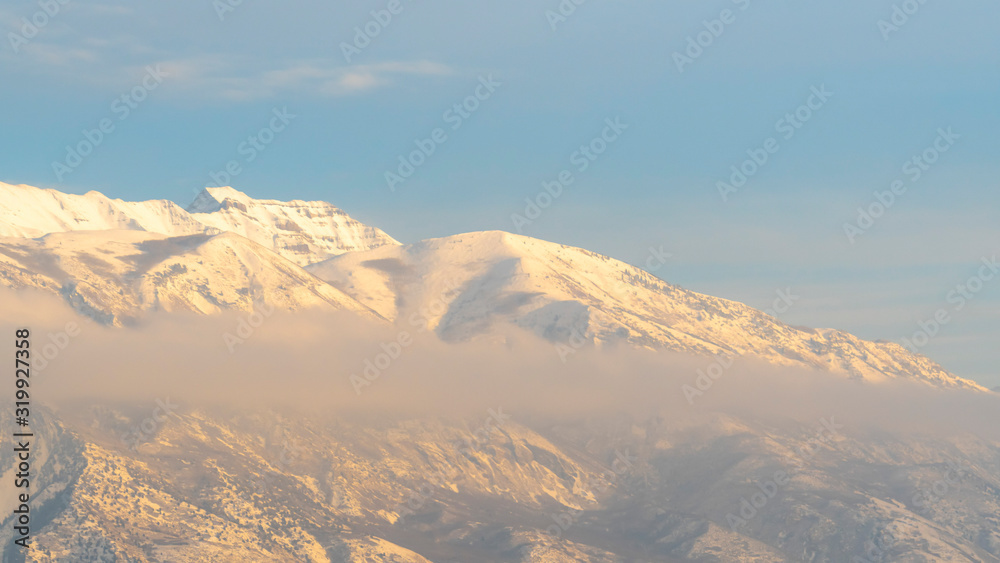 Panorama frame Residential houses with amazing scenic view of snowy Mount Timpanogos in winter
