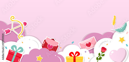 Valentine's day background decorated with gift, love letter, heart, rose, star, feather, and archer on pink background. Cartoon style. Vector illustration.