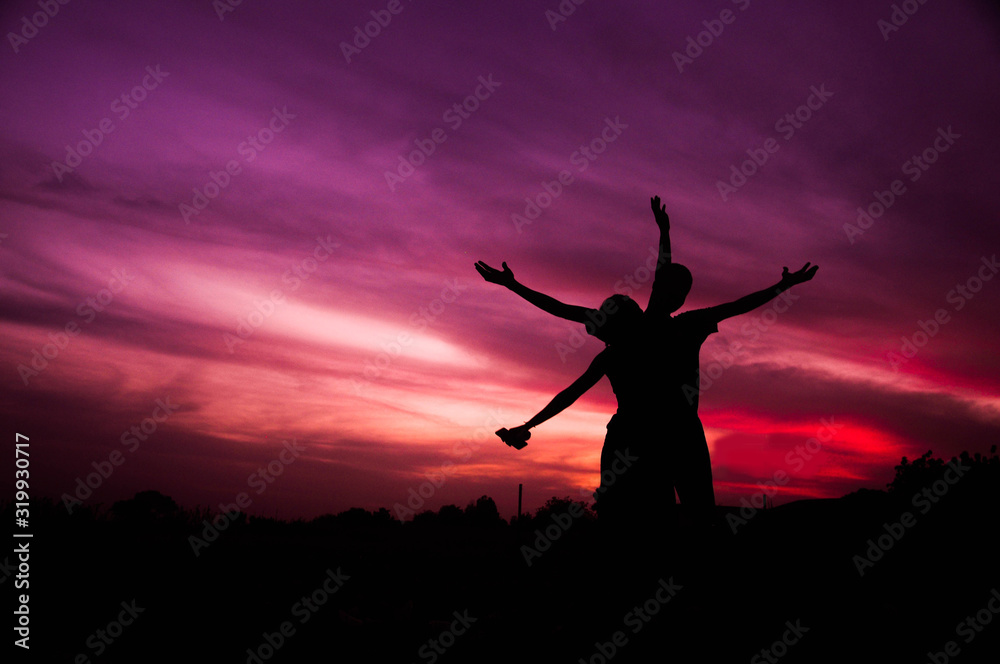 sunset sky bathes silhouette couple warm ambience of that speaks freedom