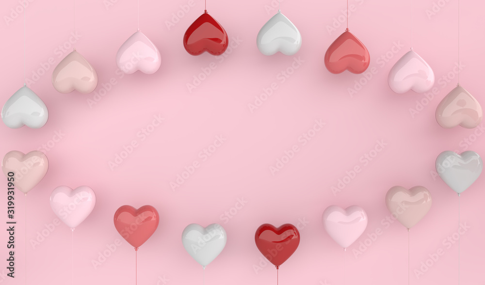 Holiday Greeting Card for Valentine's Day with balloon heart  background love valentine concept 3d render. Romantic template for wedding, women's day.