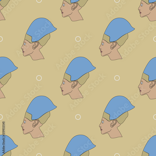Seamless geometrical pattern with heads of ancient Egyptian pharaoh. Akhenaten or Nefertiti portrait.
