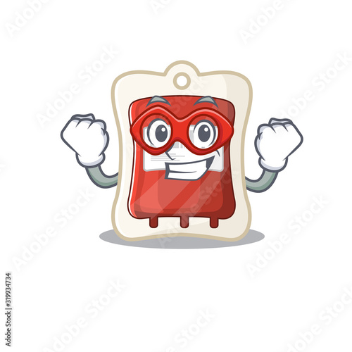 Smiley mascot of blood bag dressed as a Super hero