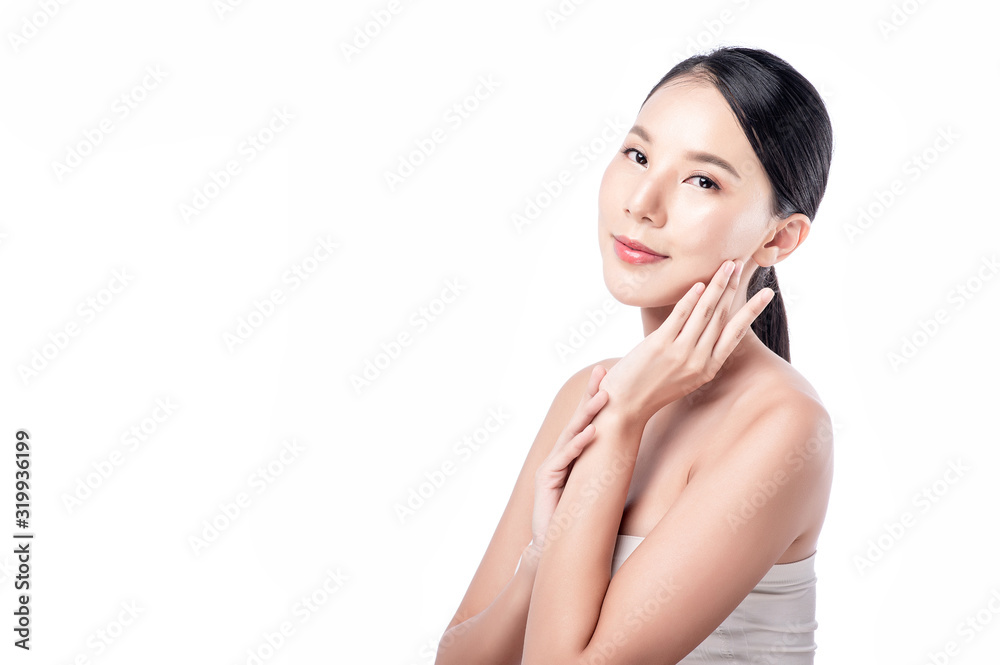 Asian woman poses for healthy skin beauty in white isolated background. Cosmetic, skincare, surgery concept with copy space. Asian woman poses for healthy skin beauty in white isolated background. Cosmetic, skincare, surgery concept with copy space.