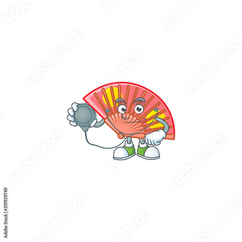 Red chinese folding fan cartoon character style in a Doctor costume with tools